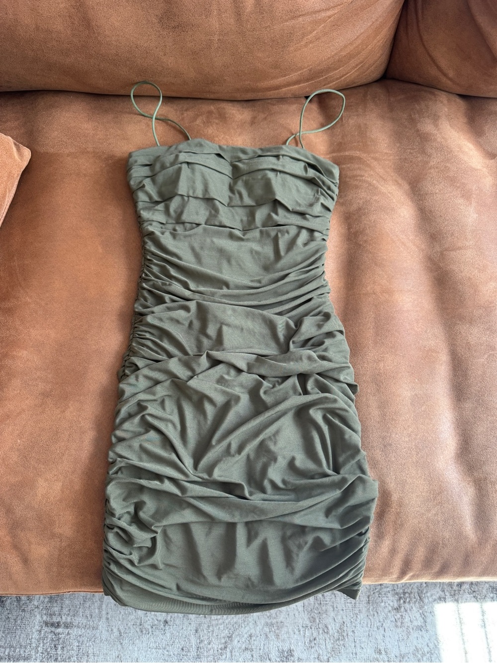 Princess Polly Olive Green Ruched Mini Dress with Spaghetti Straps